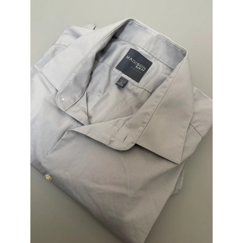 Madison Slim Fit Dress Shirt Mens XL 17-17.5 32/33 Light Gray Long Sleeve Button